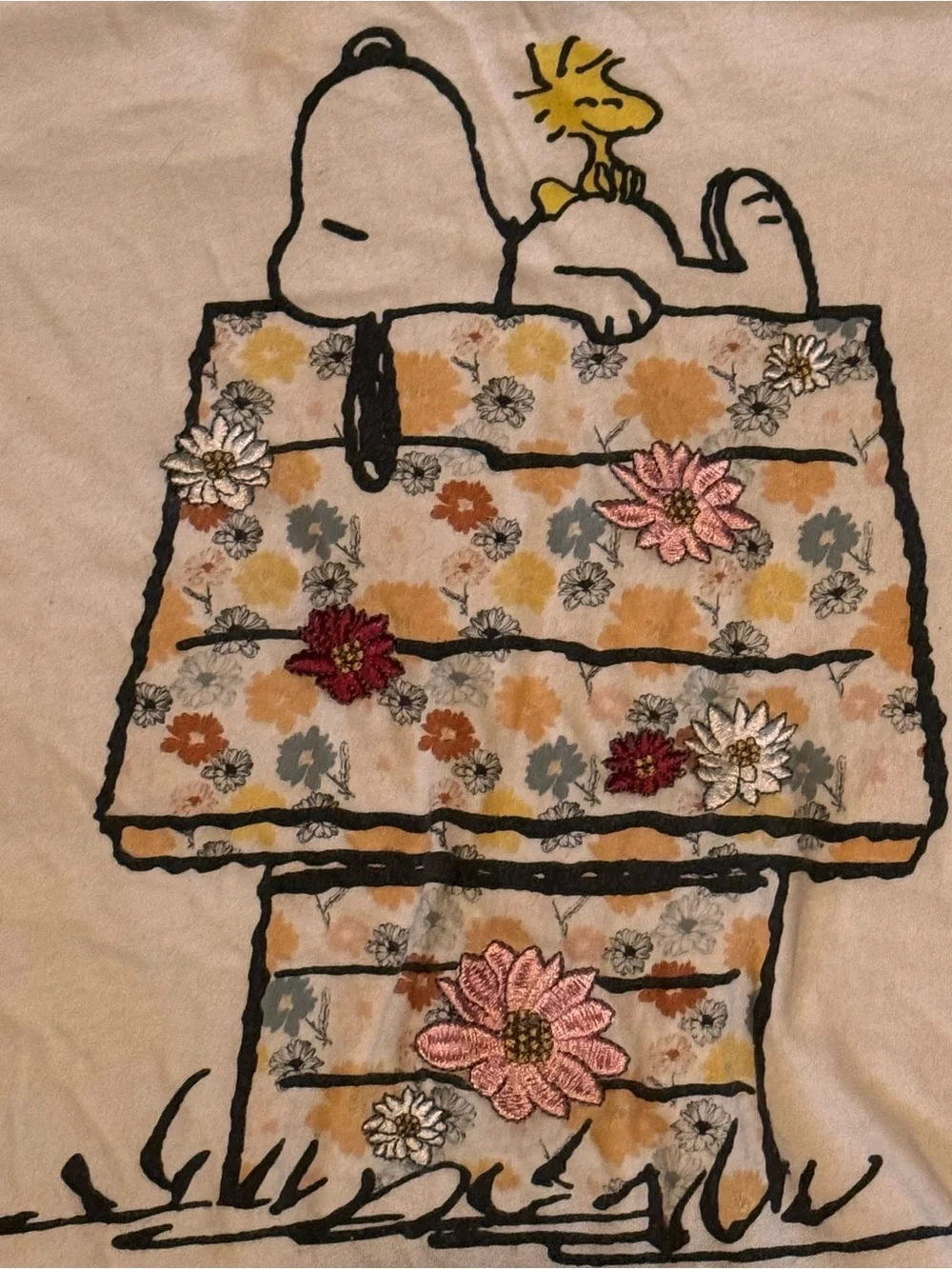 Peanuts White Short Sleeve Tee with Floral Snoopy & Woodstock Graphic XS - Picture 4 of 5
